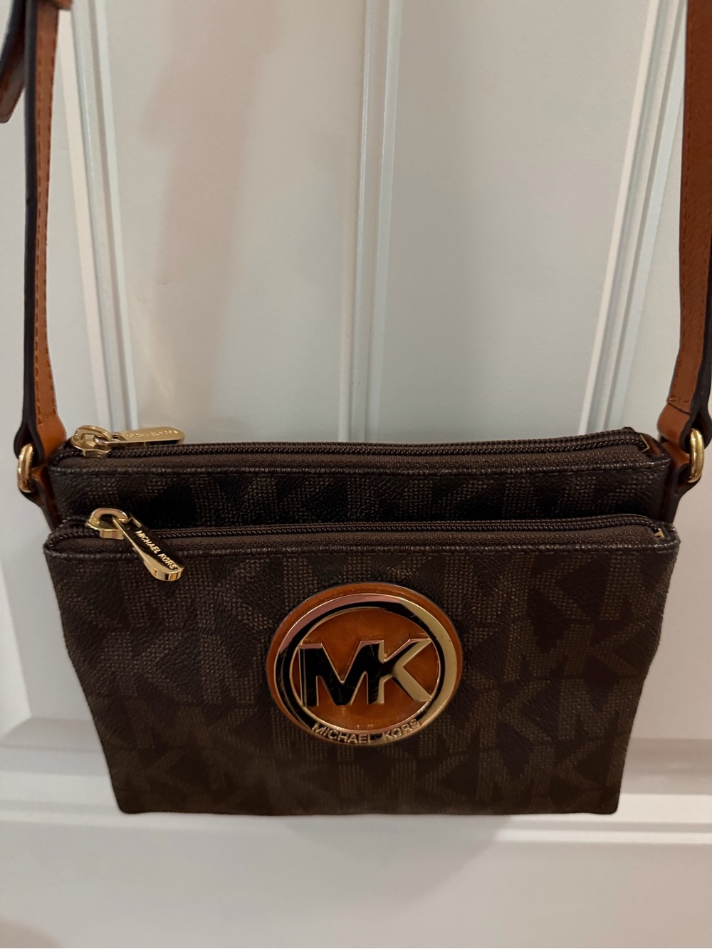 Michael Kors Brown and Tan MK Logo Crossbody Bag